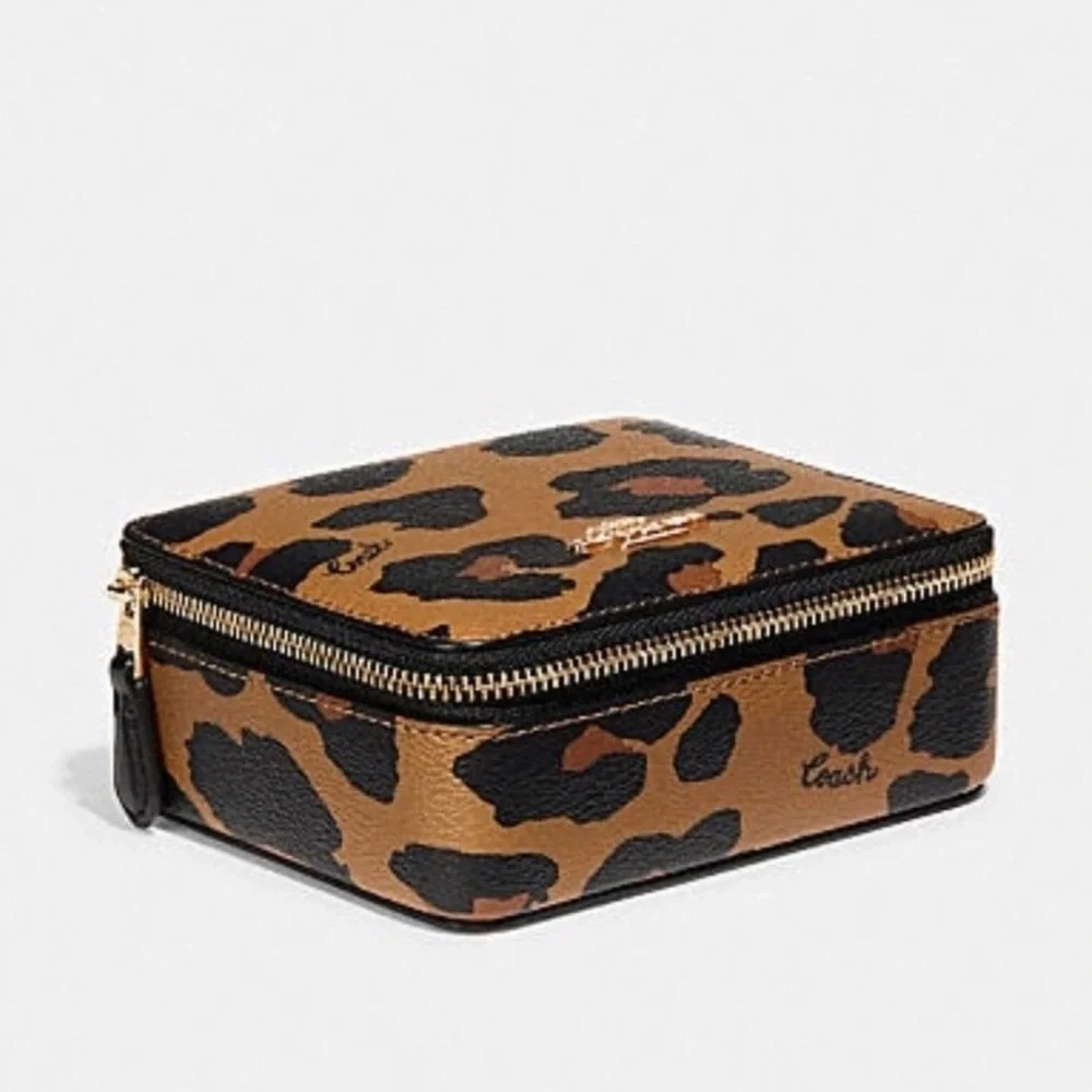 Coach Leopard Print Travel Jewelry Case in Brown and Black with Mirror